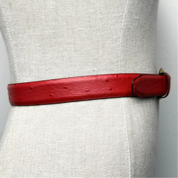 MCM Red Ostrich Embossed Leather Belt Gold Buckle Luxury Made in Italy 26